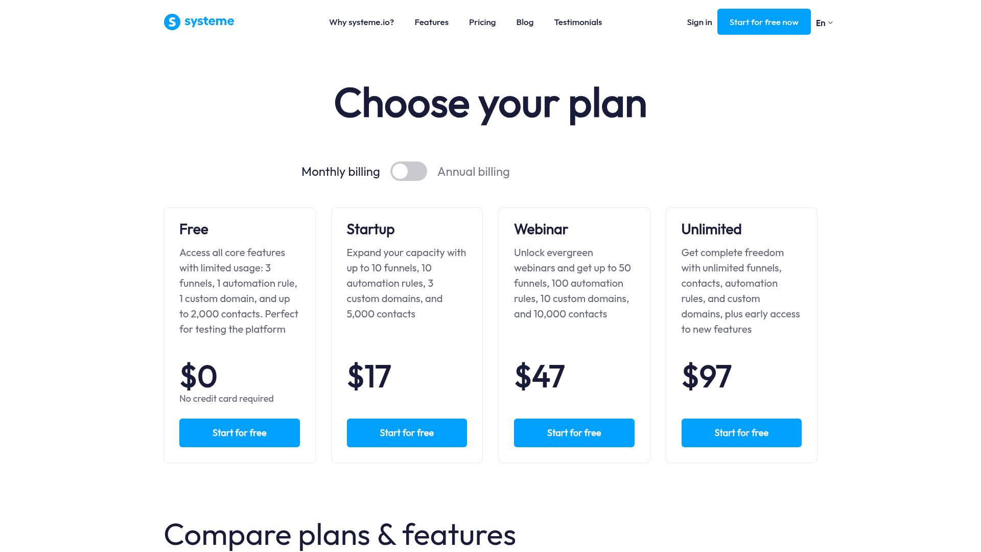 Systeme.io pricing page
